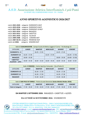 Orario ripresa allenamenti Anno Sportivo Agonistico 2026/27